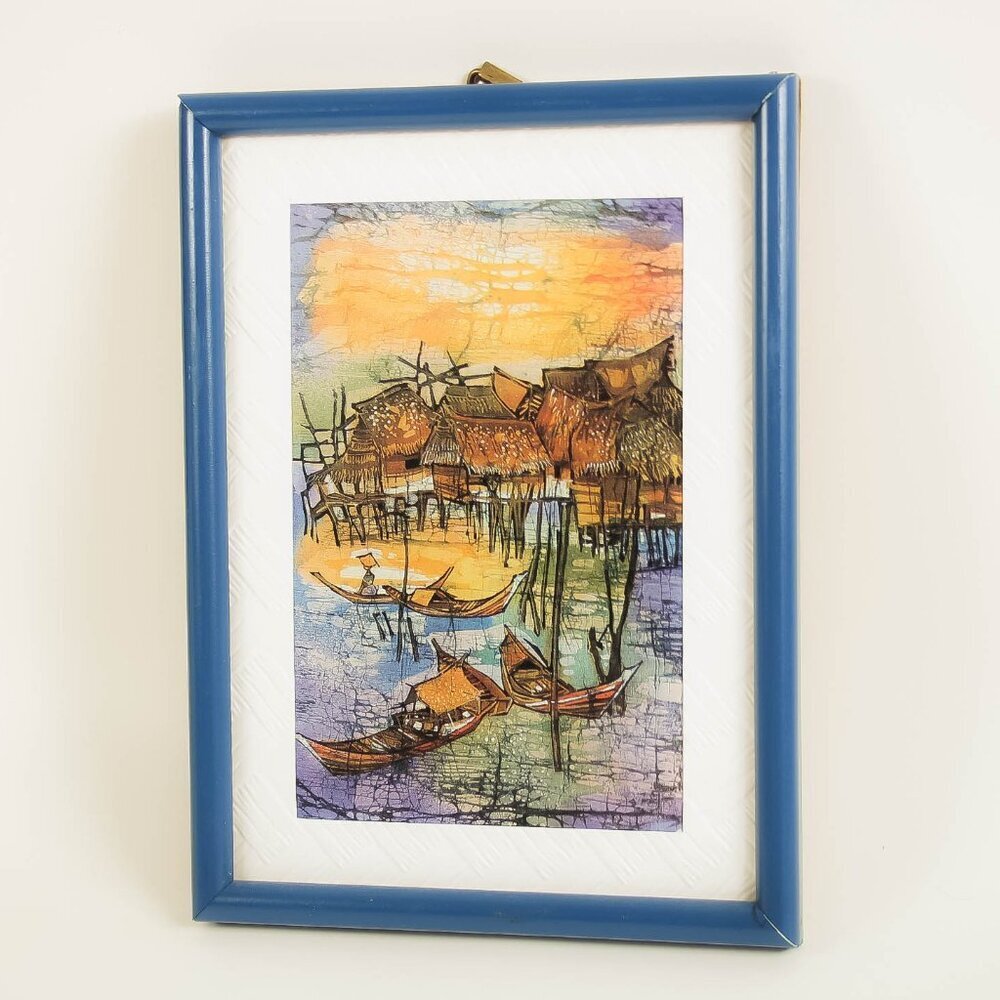 Vintage Art – Framed Southeast Asian Village Seascape - Picture 1 of 4